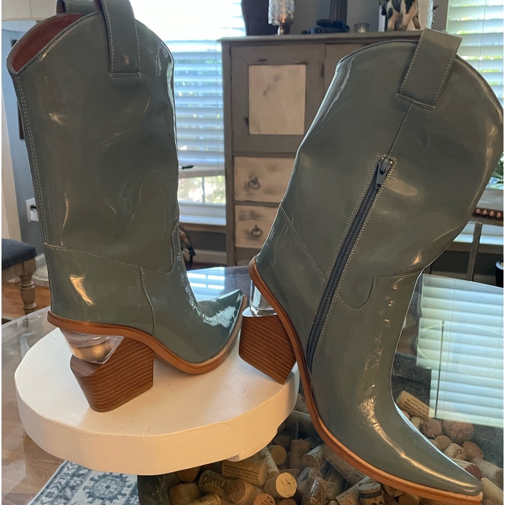 Gorgeous blue patent leather Jeffrey Campbell boots with the glass look heel